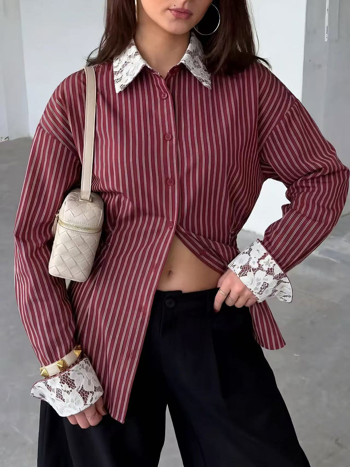 Women's Striped Lace Trim Long Sleeve Button Down Blouse