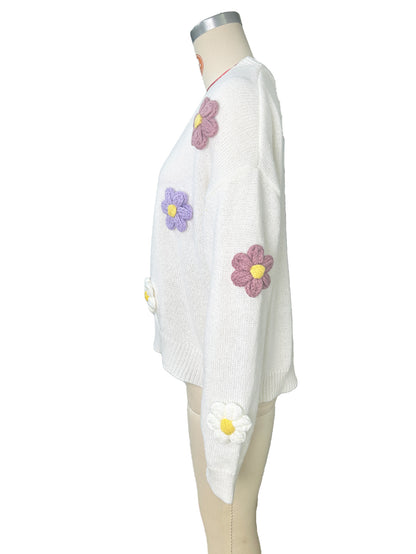 Womens Oversized Floral Crochet Cardigan Button Front