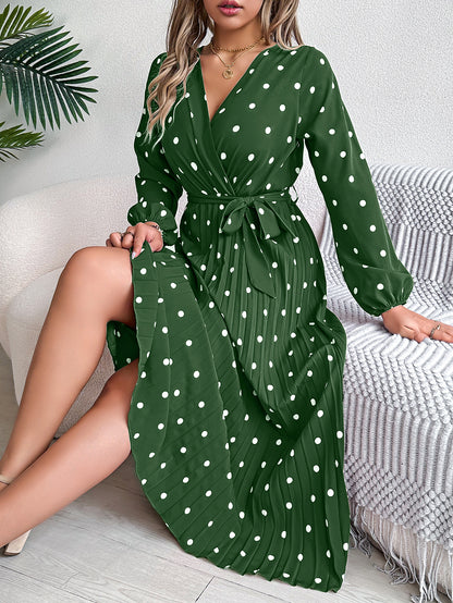 Elegant Polka Dot Cross-Over V-Neck Pleated Midi Dress