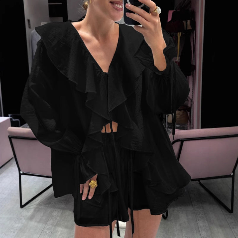 Womens Ruffle Blouse and Shorts Two Piece Set