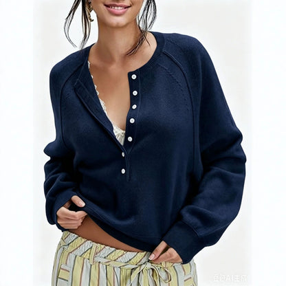 Women's Oversized Henley Sweater Button Front Knit Pullover