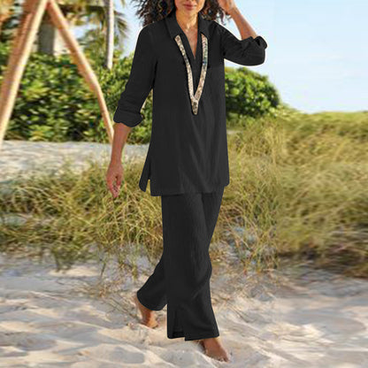 Women's Plus Size Cotton Linen Two Piece Pants Set