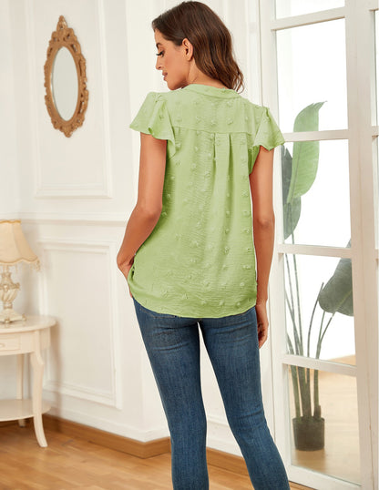 Women's V-Neck Pleated Sleeve Top with Pom Poms - Perfect for Summer