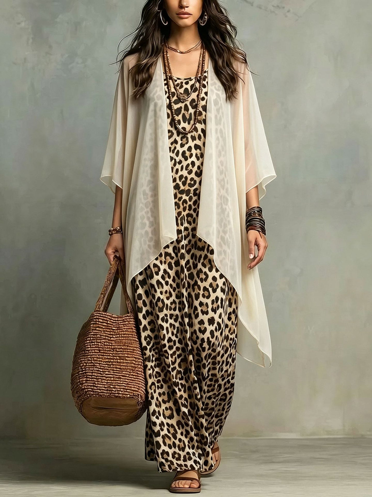 Women's Leopard Print Maxi Dress & Cardigan Set