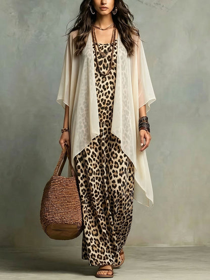 Women's Leopard Print Maxi Dress & Cardigan Set