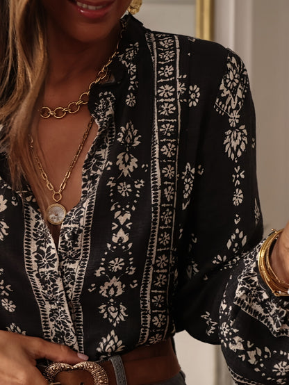 Women's Geometric Print Ruffle V-Neck Long Sleeve Blouse