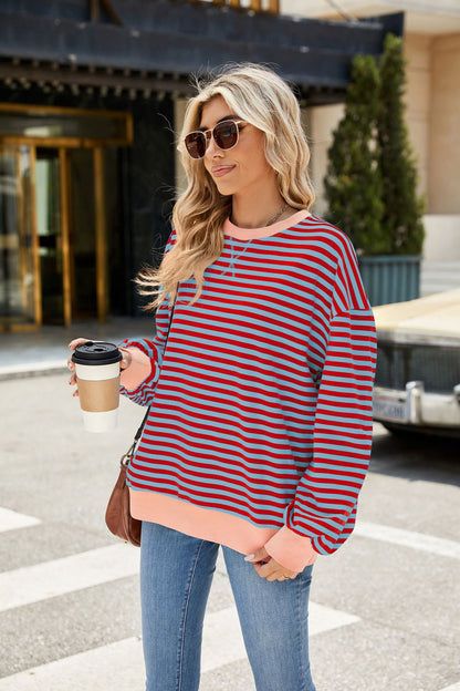 Striped Color Block Crew Neck Loose Fit Long Sleeve Sweatshirt