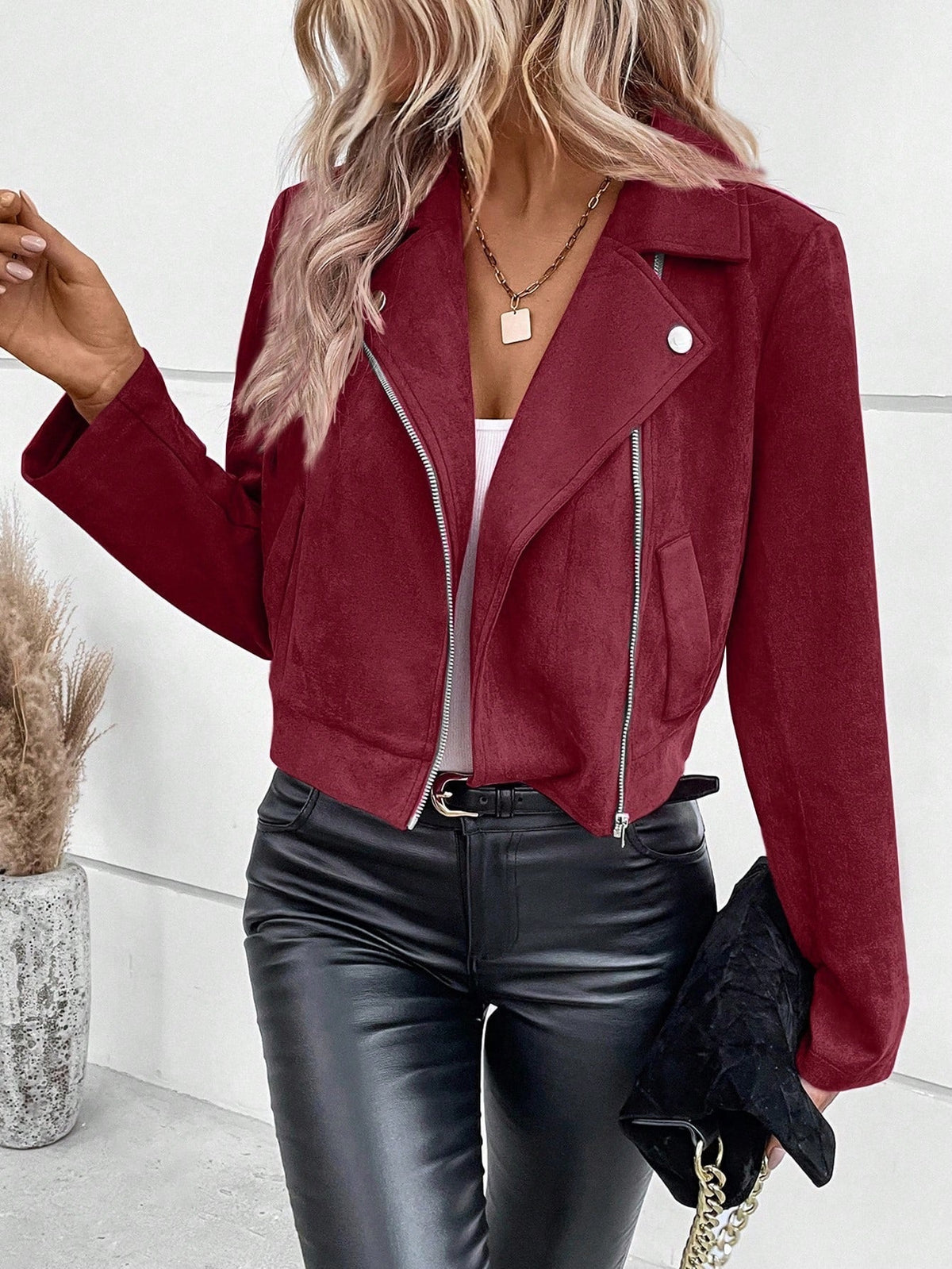Women's Faux Suede Cropped Moto Zip Jacket