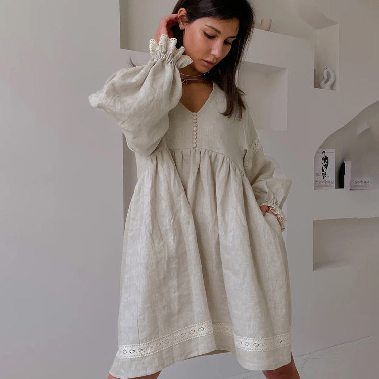 Cotton Linen V Neck Puff Sleeve A-Line Dress