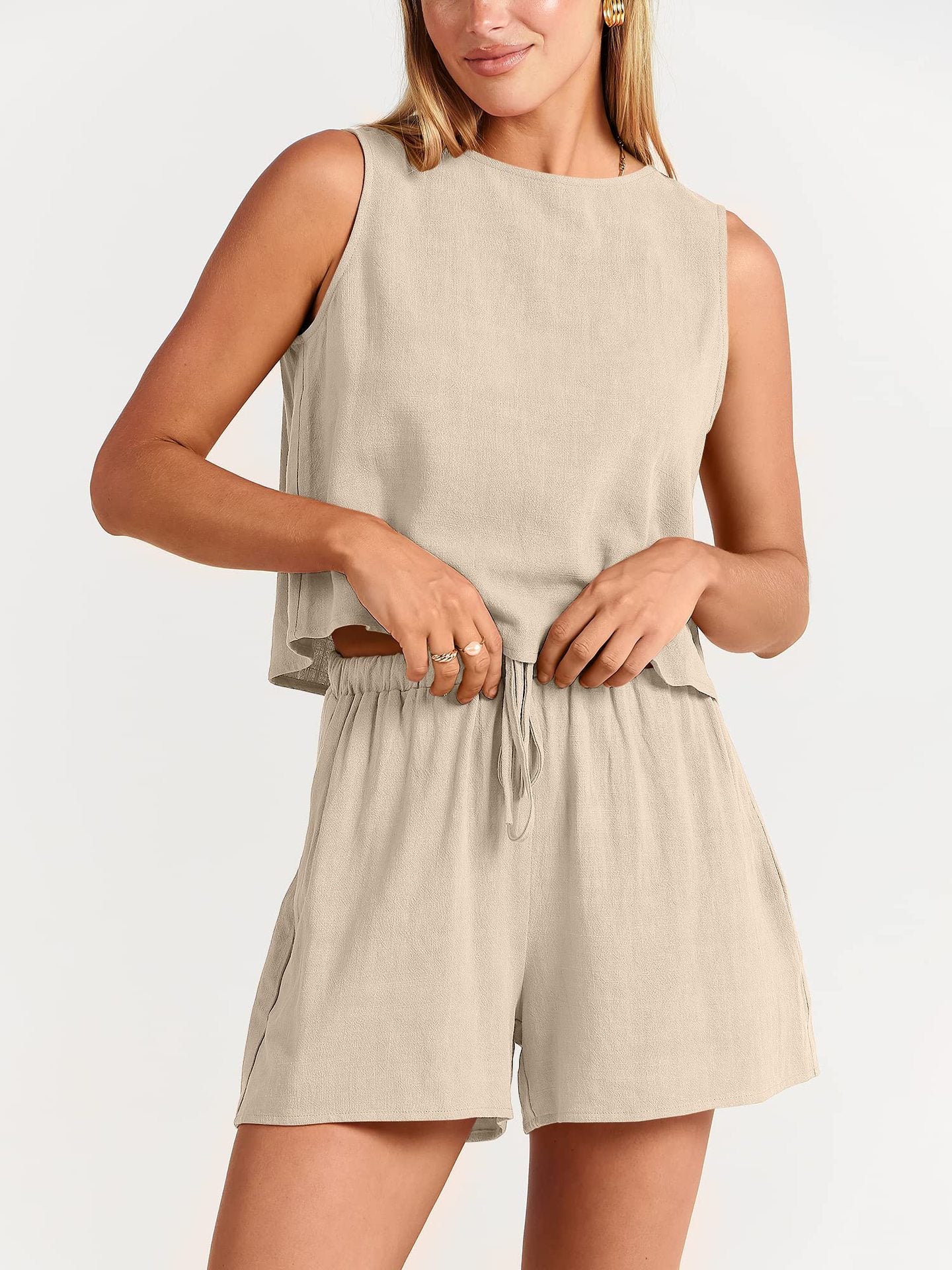 Sleeveless Top and Drawstring Shorts Two Piece Set