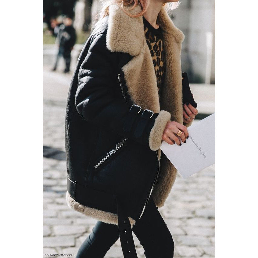 Women Faux Suede Sherpa Jacket Moto Biker Coat