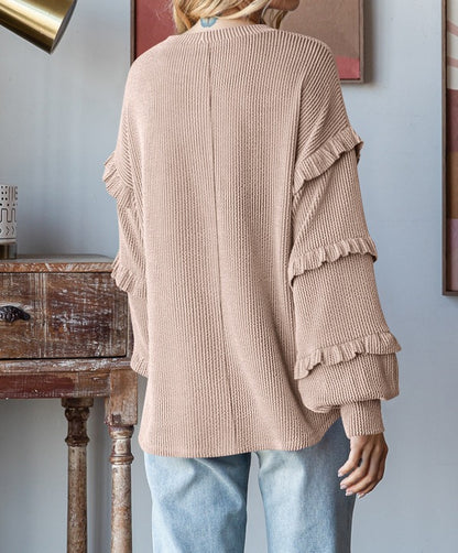 Lantern Sleeve Lace Round Neck Top