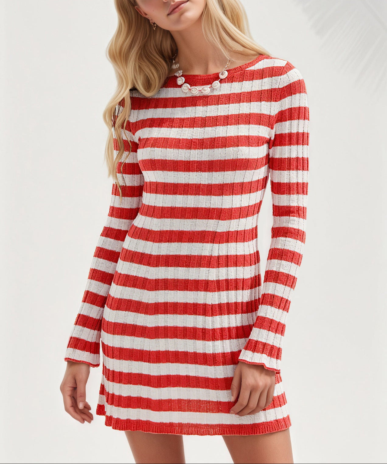 Striped Knit Sweater Dress Crew Neck Long Sleeve Mini Dress
