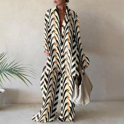 Matching Set Abstract Print Oversized Shirt Wide Leg Pants