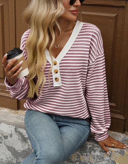 Striped V Neck Henley Long Sleeve Casual Knit Top