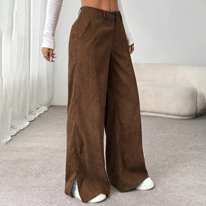 Women's Corduroy Wide Leg Pants Split Hem Pockets
