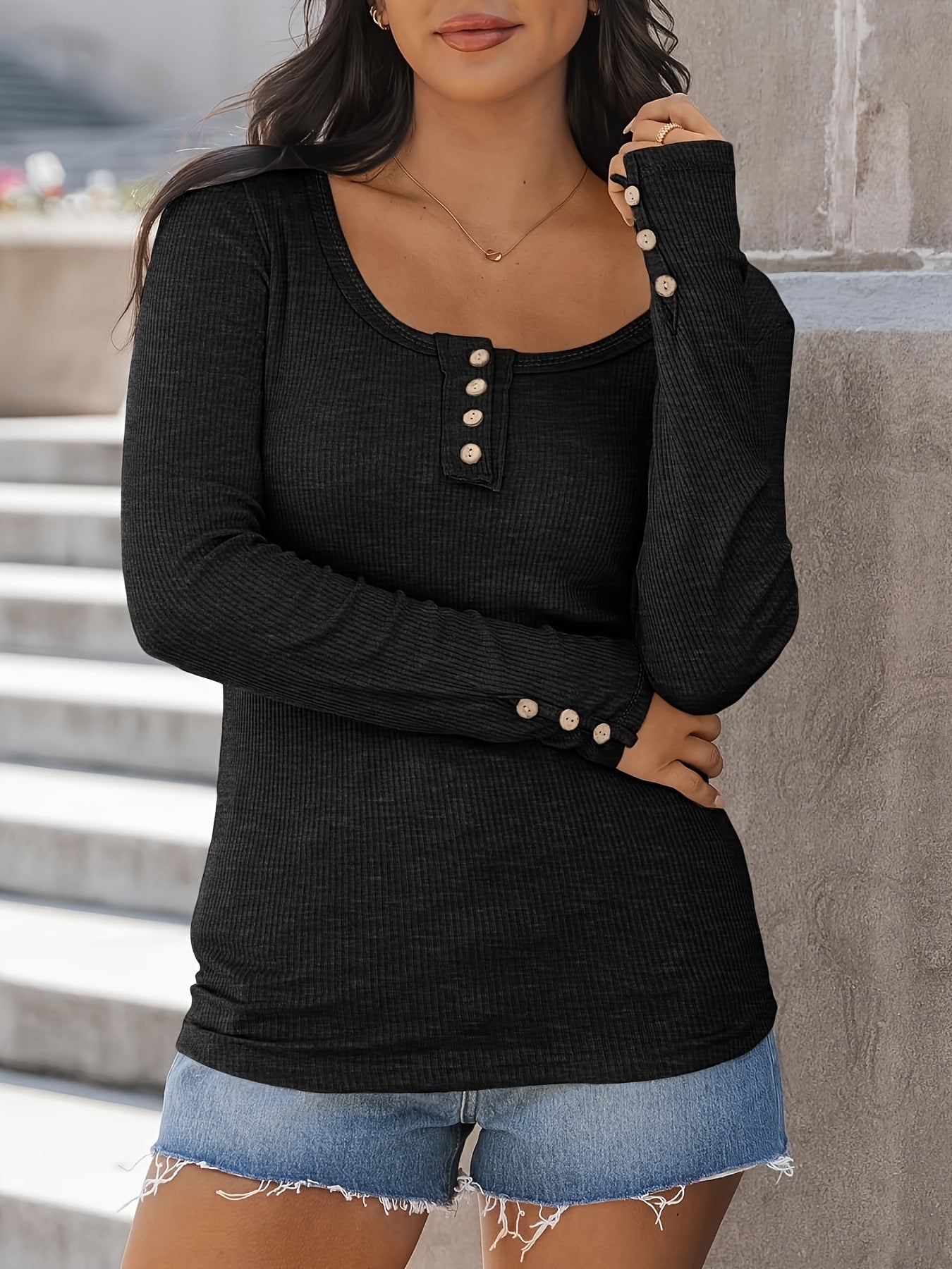 Women's Ribbed Henley Long Sleeve Scoop Neck Fitted Top