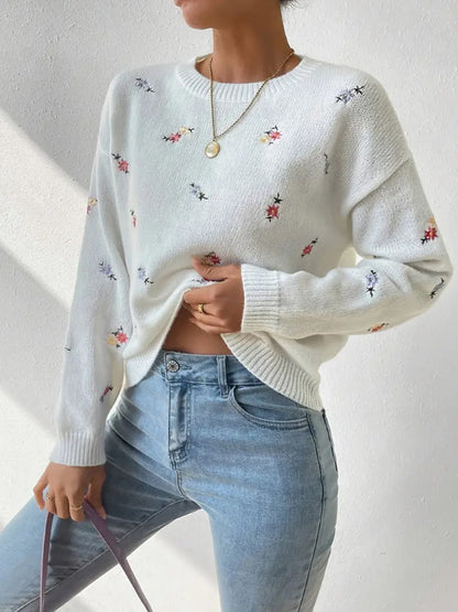 Women's Floral Embroidered Crew Neck Knit Sweater