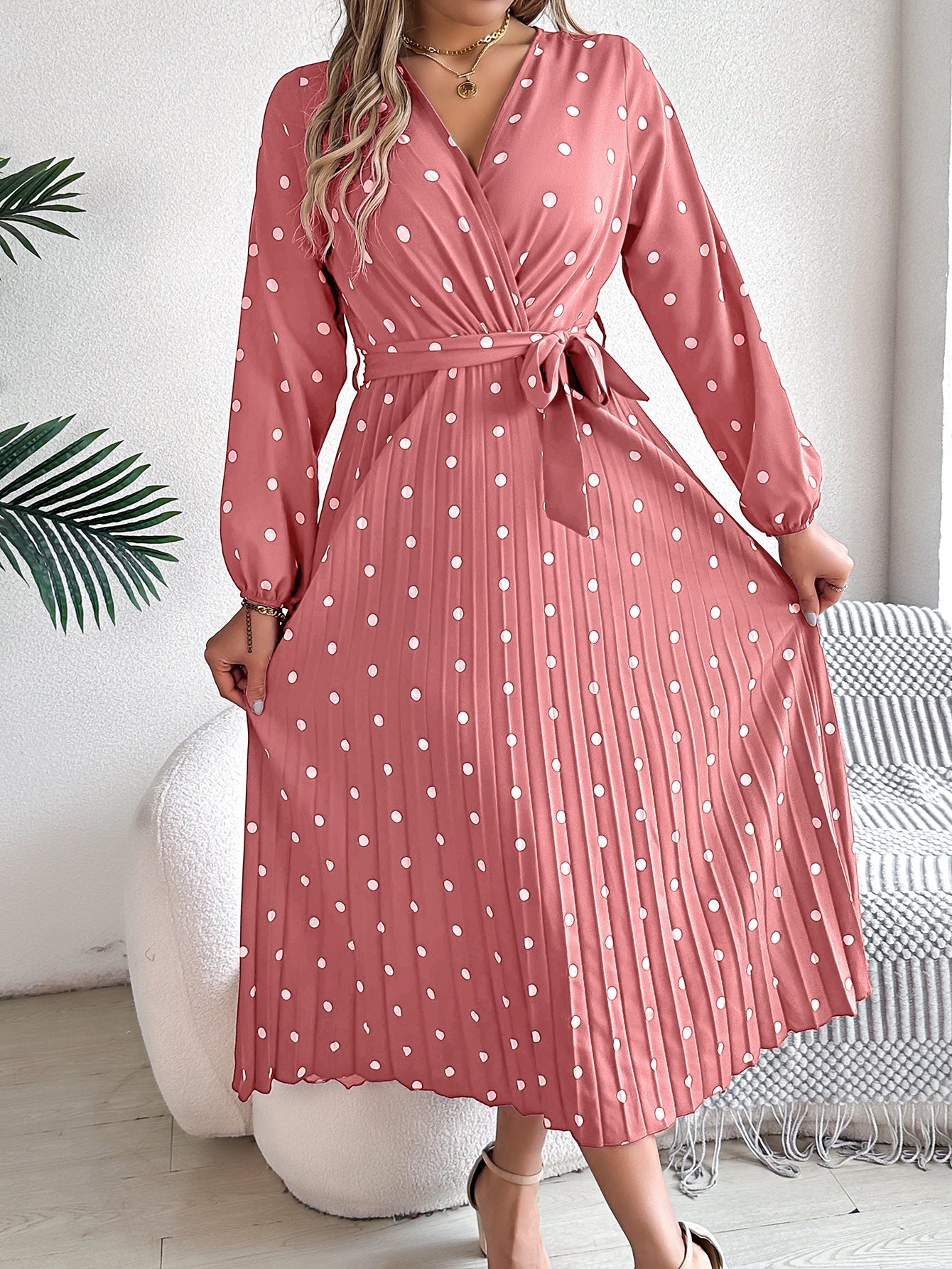 Elegant Polka Dot Cross-Over V-Neck Pleated Midi Dress