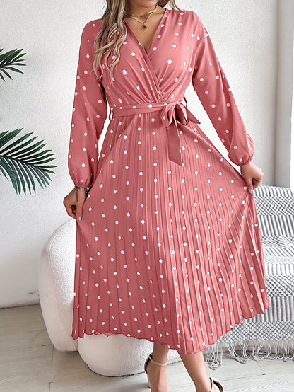 Elegant Polka Dot Cross-Over V-Neck Pleated Midi Dress