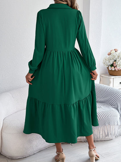 Collared Long Sleeve Tiered Shirt Dress