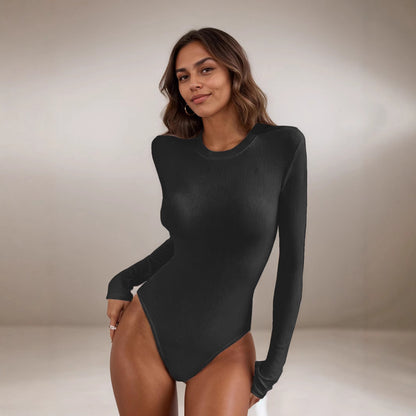 Women's Ribbed Long Sleeve Crew Neck Fitted Bodysuit