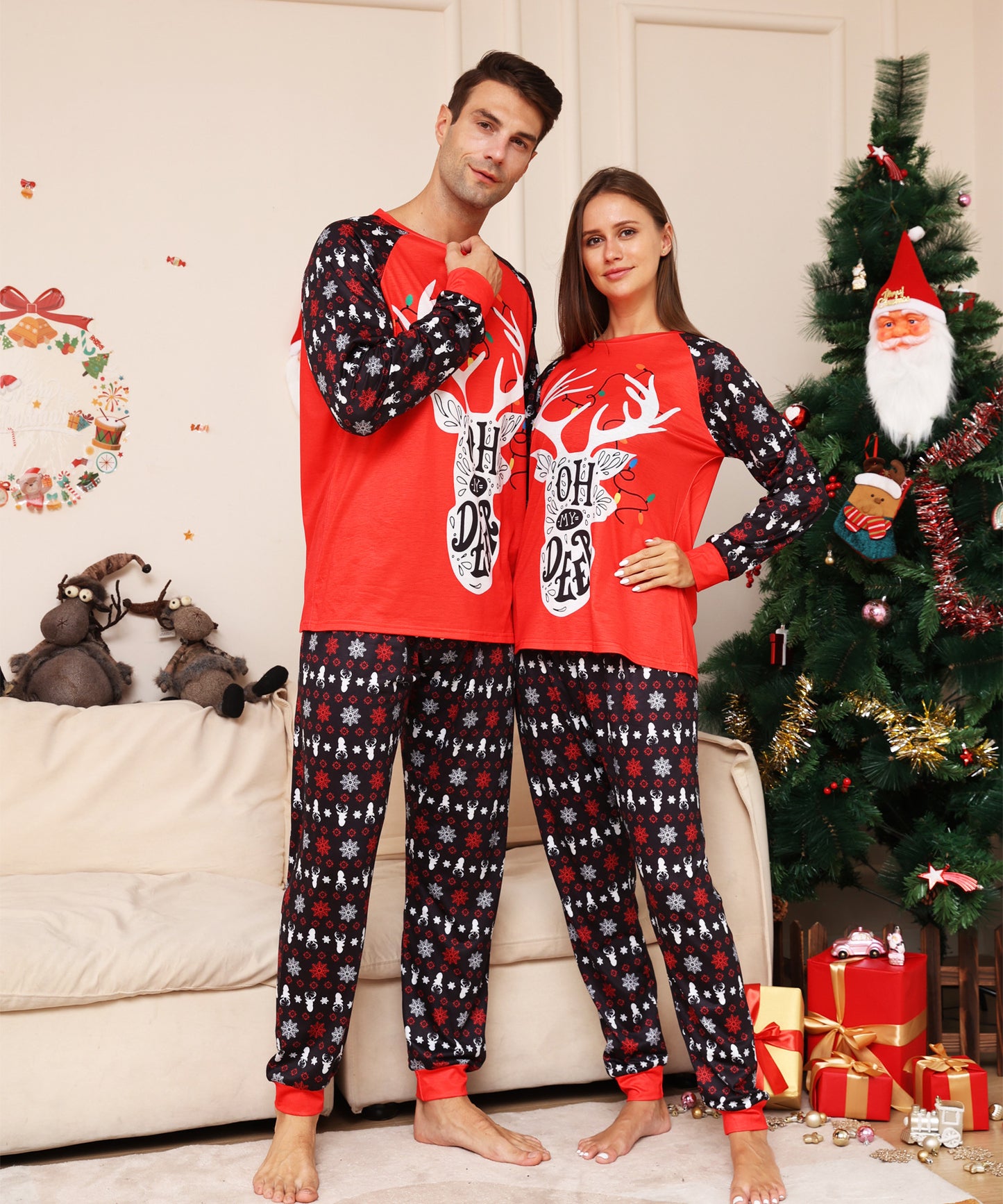 Alphabet Snowflake Deer Parent-child Clothing, Printed Home Christmas Pajamas