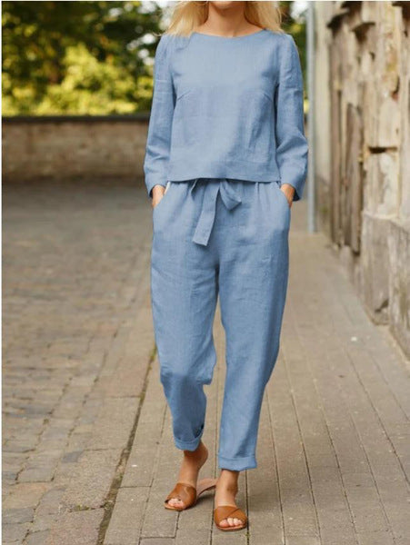 Women's Linen Blend Two Piece Set Long Sleeve Top & Pants