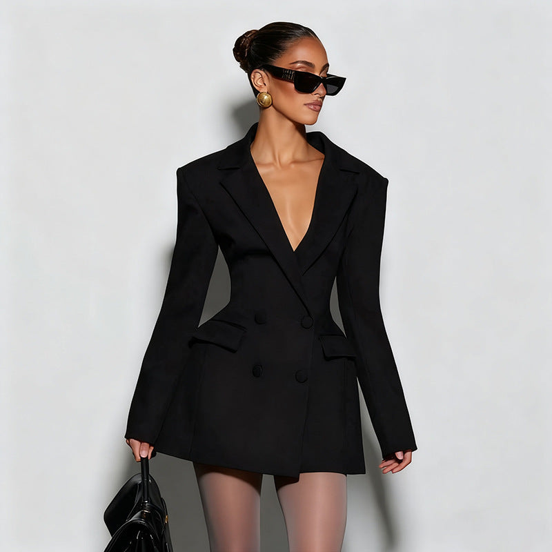 Womens Deep V Neck Long Sleeve Blazer Dress Mini Fitted