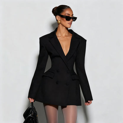 Womens Deep V Neck Long Sleeve Blazer Dress Mini Fitted