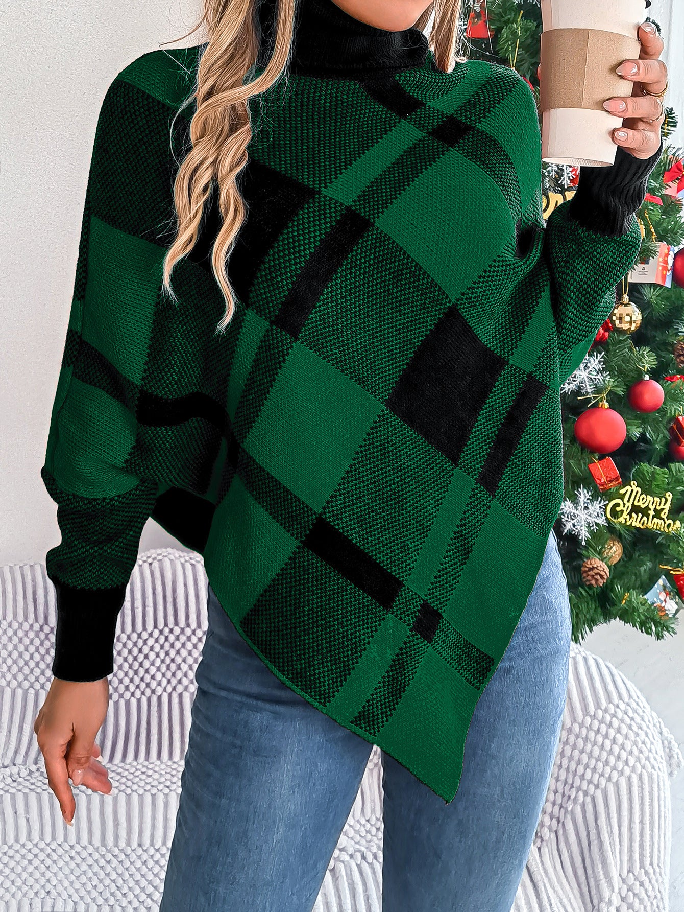 Women's Casual Plaid Turtleneck Long-sleeved Cape Sweater Christmas