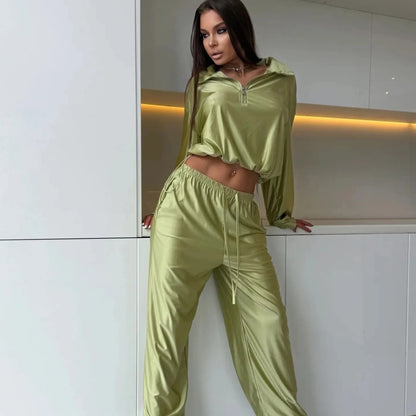 Women's Satin Zip Up Jacket Wide Leg Pants Two Piece Set