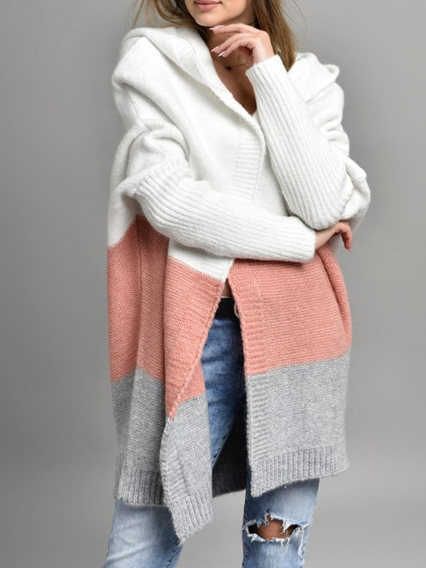 Women's Oversized Hooded Color Block Cardigan Open Front