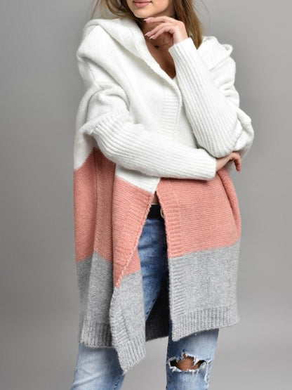 Women's Oversized Hooded Color Block Cardigan Open Front