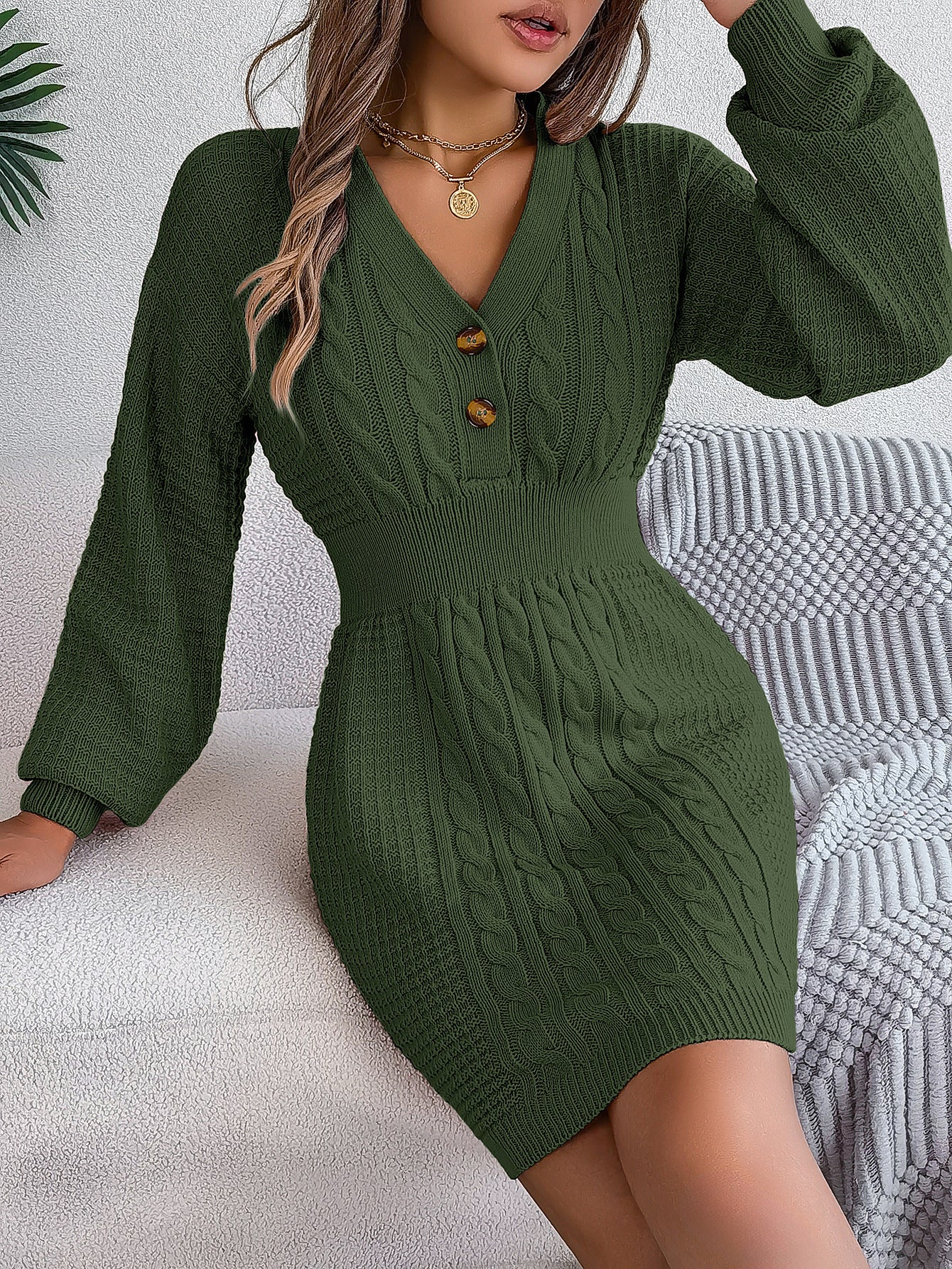 Button V Neck Sweater Dress | Cable Knit Bodycon Outfit