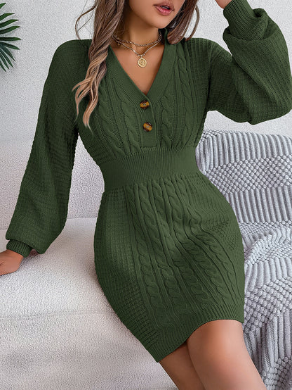 Button V Neck Sweater Dress | Cable Knit Bodycon Outfit