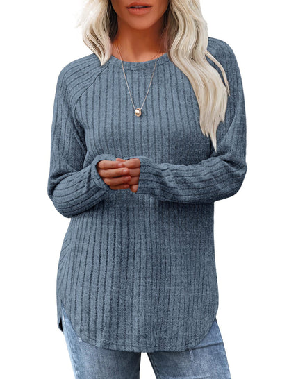 Women's Ribbed Brushed Long Sleeve Crew Neck Curved Hem Top