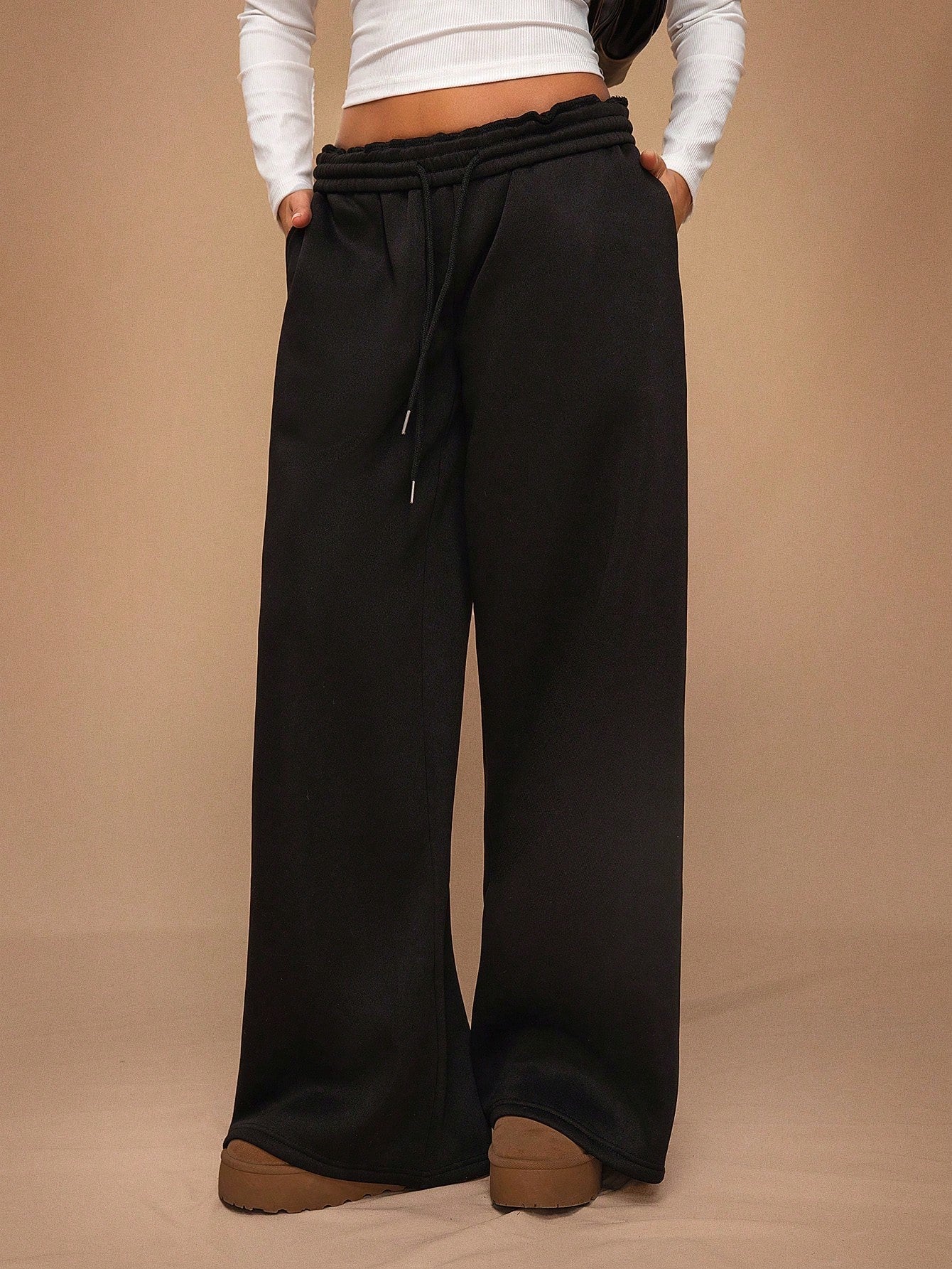 Women Fleece Wide Leg Sweatpants Drawstring Lounge Pants