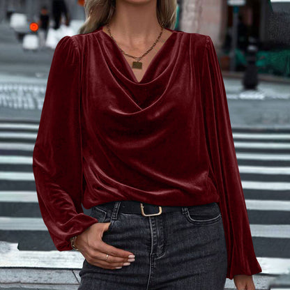 Women's Velvet Cowl Neck Long Sleeve Blouse