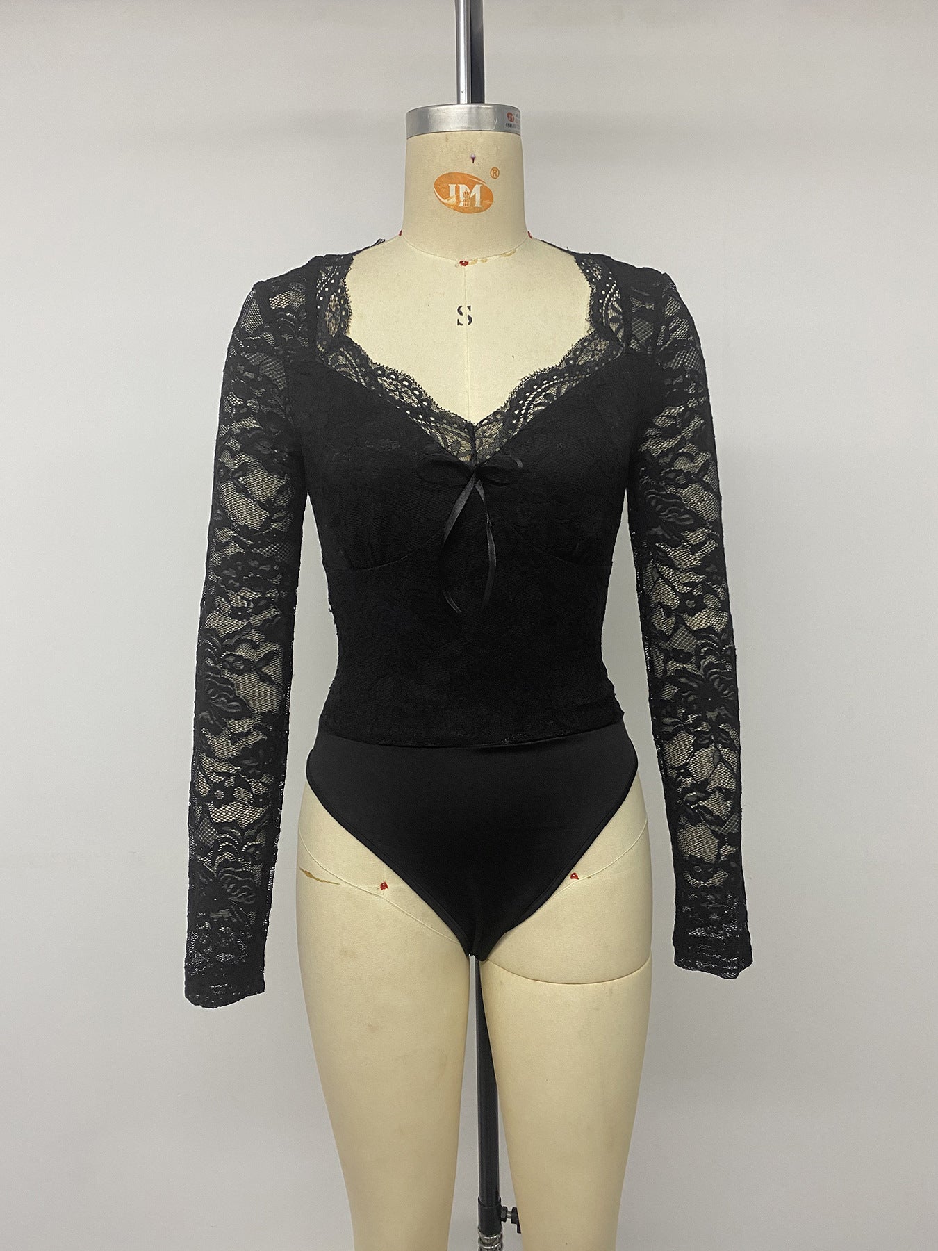 Sexy Black Lace V Neck Long Sleeve Bodysuit