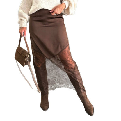Women's Lace Panel Asymmetrical Bodycon Midi Skirt