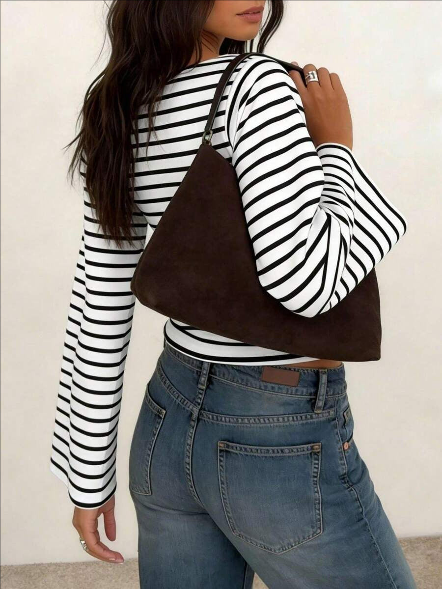 Striped Bell Sleeve Crop Top Off Shoulder Fitted