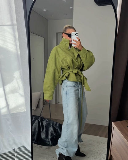 Women's Belted Cropped Jacket Stand Collar Trench Coat