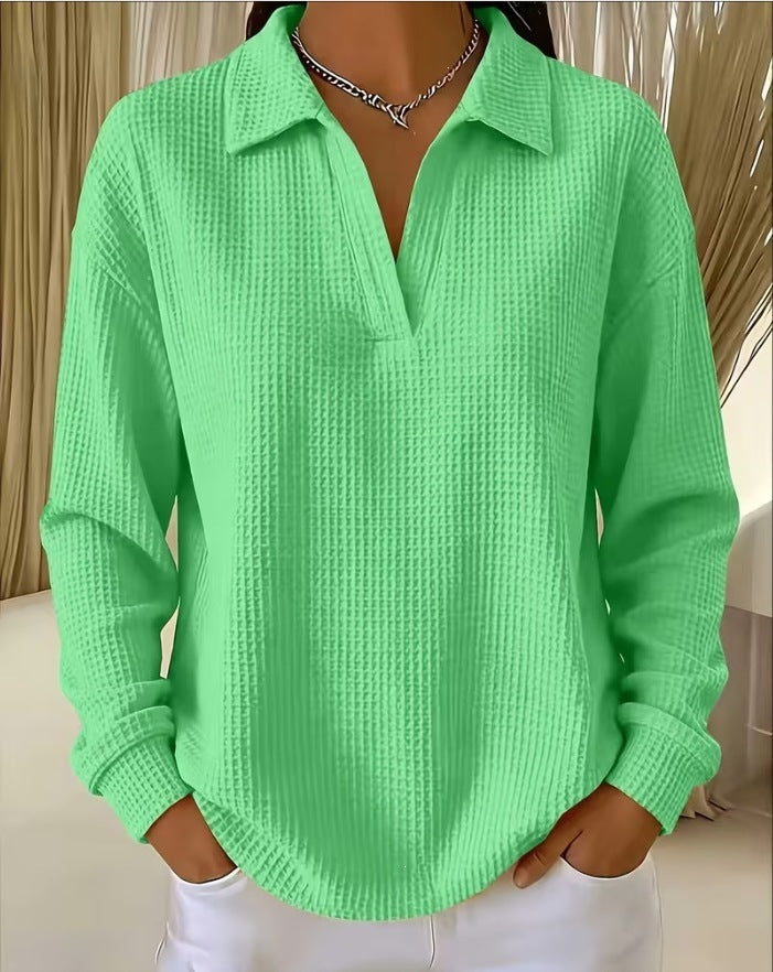 Waffle Knit Collared V Neck Long Sleeve Oversized Tunic Top