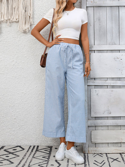 Striped High Waist Drawstring Wide Leg Summer Pants