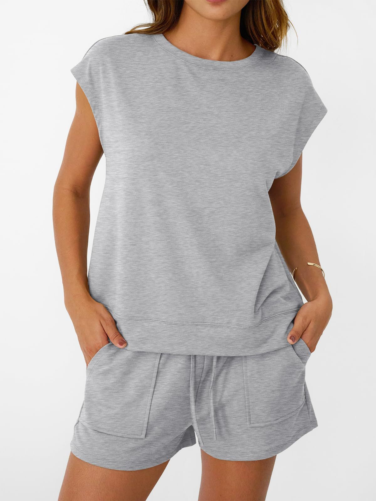 Womens Casual Lounge Set Cap Sleeve Top and Shorts