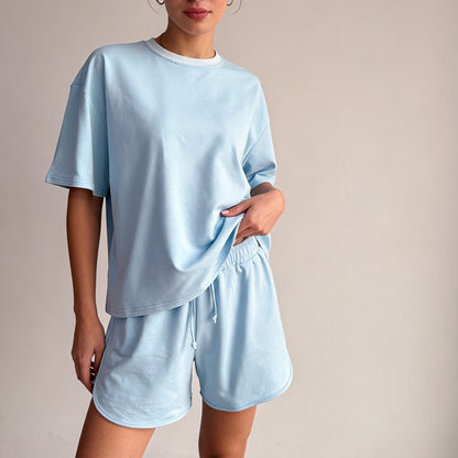Cotton Two Piece Set T Shirt Shorts Casual Lounge Outfit