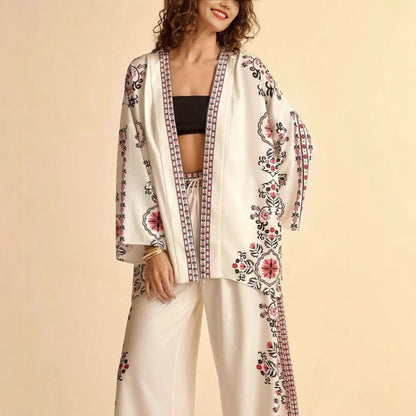 Women's Boho Kimono Cardigan Wide Leg Pants Matching Set