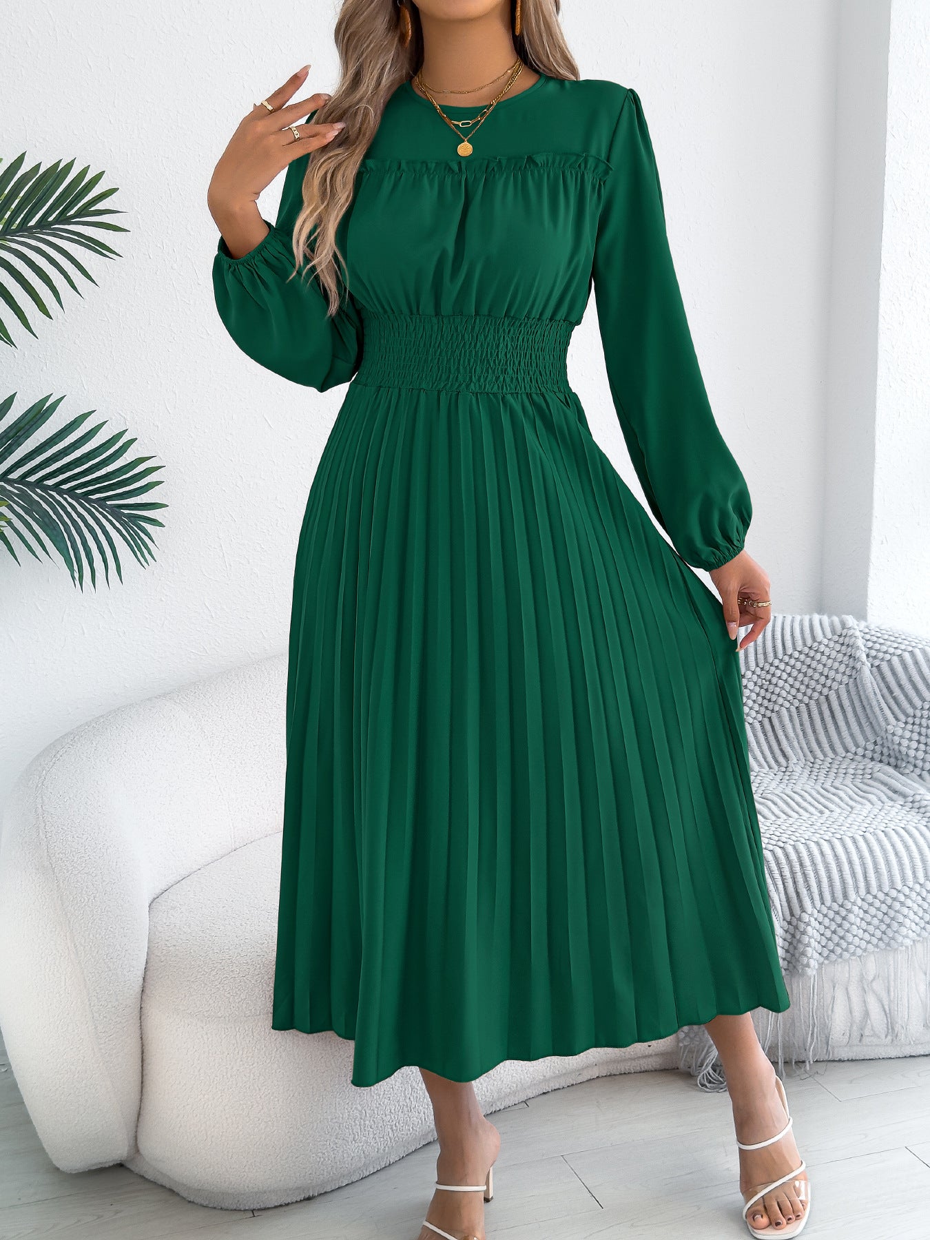 Pleated Maxi Dress Smocked Waist Long Sleeve Midi Dress