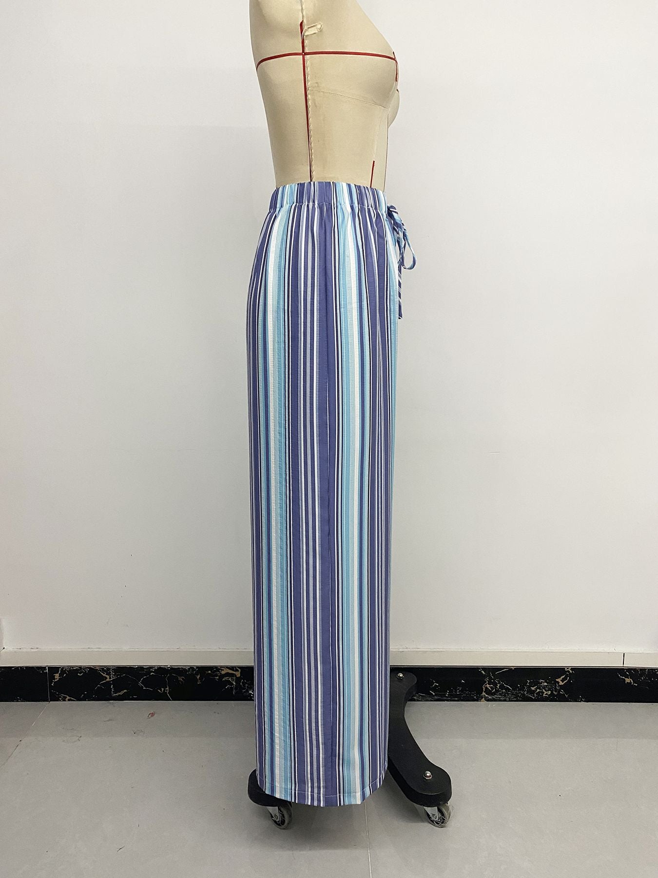 Blue Striped Drawstring Wide Leg Pants Casual Summer Trousers